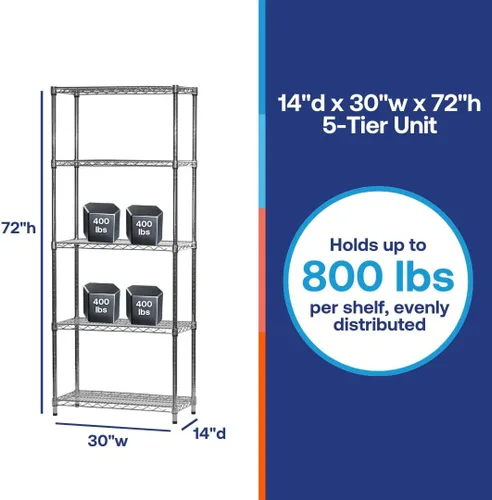 Miniatura 6 de Shelving Inc. Estantería de alambre cromado de 14 pulgadas de profundidad x 30 pulgadas de ancho x 72 pulgadas de alto con estantes de 5 niveles