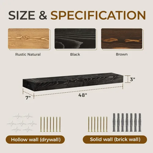 Miniatura 2 de Repisa de chimenea de 48 pulgadas, madera maciza rústica hecha a mano de 3 pulgadas de grosor, estante flotante largo de pared con soporte de metal