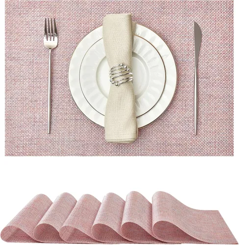 Miniatura 55 de Leetaltree Juego de 4 manteles individuales tejidos de vinilo iridiscente rosa brillante, impermeables, lavables, para bodas, aniversarios, uso