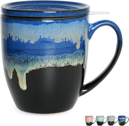 Bosmarlin Taza de té de cerámica con infusor y tapa, 16 onzas, 4 colores a elegir, apta para lavavajillas y microondas, taza de té con colador (azul)