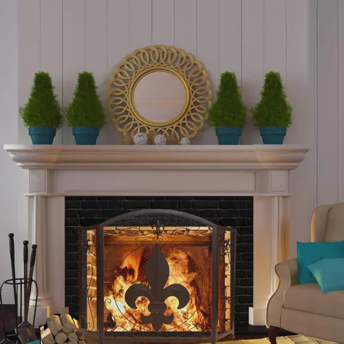 Miniatura 7 de BestGiftEver Pantalla decorativa para chimenea de 3 paneles con diseño de flor de lis, marrón oscuro clásico, cubierta decorativa de malla de hierro