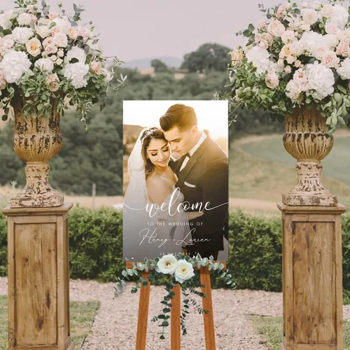 Miniatura 22 de Letrero personalizado de bienvenida de eucalipto a nuestra boda, letreros de bienvenida de boda con soporte, letrero de boda al aire libre, soportes