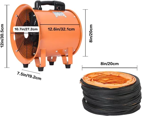 Miniatura 7 de Soplador utilitario de 8 pulgadas, ventilador de alta velocidad con manguera de conducto, ventilador portátil de bajo ruido, extractor de humos