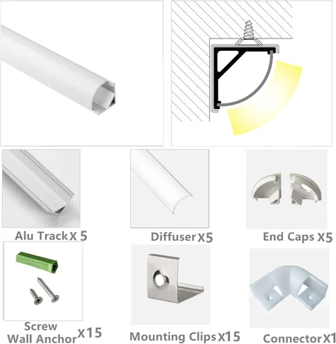 Miniatura 5 de THMOOTHER Paquete de 5 tiras LED en forma de V de 3.3 pies, sistema de difusor de canal de aluminio, cubierta lechosa extruida con conector