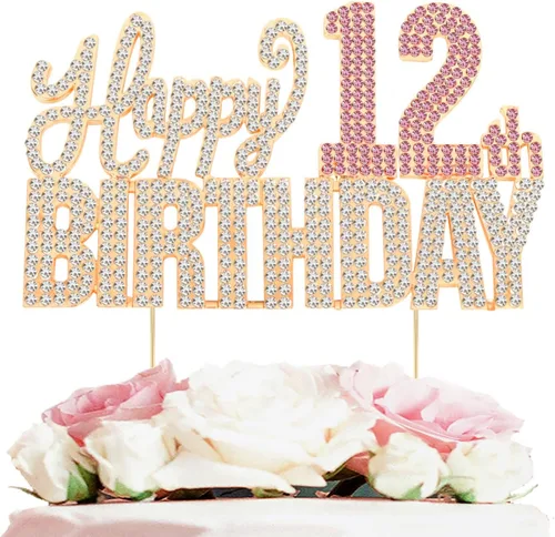 Miniatura 11 de Decoración de pastel de diamantes de imitación rosa y plateado con texto en inglés "Cheers to 11 Years Old Eleven Bday" de metal brillante