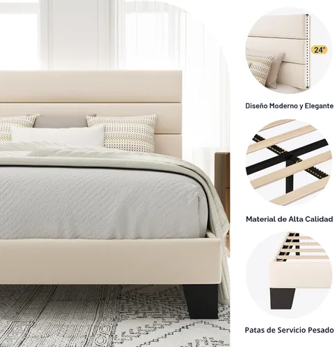 Miniatura 6 de Allewie Base de cama de plataforma tamaño Queen con cabecera tapizada de terciopelo y soporte de listones de madera, base de colchón totalmente Crema
