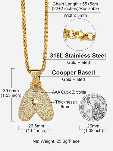 Miniatura 5 de Richsteel Collar brillante de circonita cúbica con letras de burbujas para hombres y mujeres, chapado en oro de 18 quilates, joyería con monograma