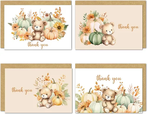 Gooji Tarjetas de agradecimiento de calabaza de 4 x 6 pulgadas con sobres, tarjetas de agradecimiento para baby shower de otoño para niña (paquete