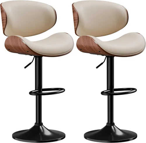 Miniatura 13 de Taburetes de bar, taburetes de bar giratorios ajustables para isla de cocina, sillas de barra de cuero moderno de mediados de siglo de altura