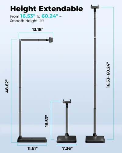 Miniatura 4 de Viozon Soporte de suelo para tableta, soporte ajustable en altura y ángulo para tablet con tubo de brazo de aleación de aluminio, rotación de 360°