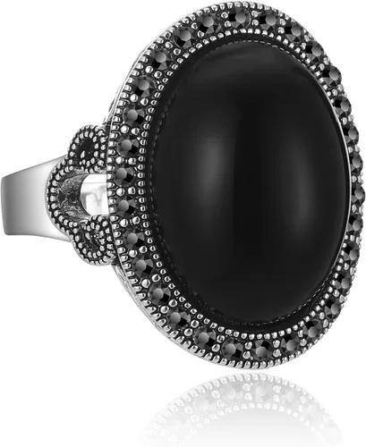 Aprilery Anillos de declaración de cóctel para mujer, disfraz de marcasita negra retro antiguo, anillos de piedra de ónix de cristal vintage, Metal