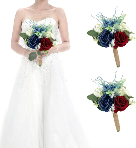 Miniatura 23 de Juego de 4 ramos para dama de honor para boda - Ramos de flores artificiales de 7 pulgadas para decoración de centros de mesa de ceremonia y Azul