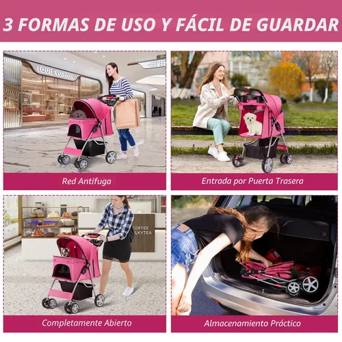 Miniatura 8 de Unisakey Cochecito para mascotas de 4 ruedas para perros pequeños y medianos y gatos, 10 a 33 libras, cochecito plegable para perros y gatos con Rosa