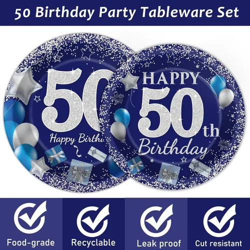 Miniatura 3 de 96 piezas de suministros para fiesta de cumpleaños número 50: platos azul marino y plateado, servilletas, tenedores y decoraciones de mesa para 24