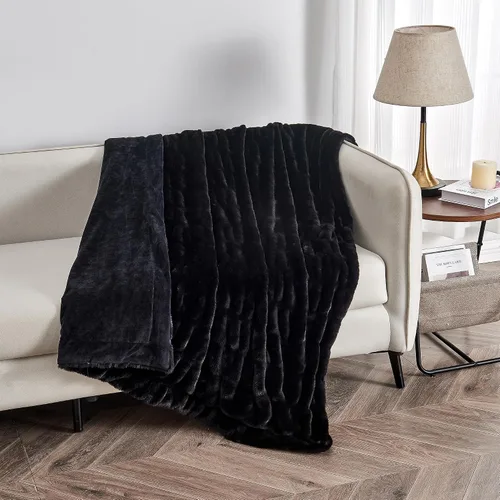 Miniatura 6 de Great Bay Home Manta mullida de piel sintética fruncida, color negro, ultra suave, reversible, manta gruesa para silla, sofá o cama, manta cálida