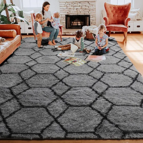 Miniatura 7 de ONASAR - Alfombras de 6 x 9 pies para sala de estar y dormitorio, alfombra grande lavable, esponjosa, gris y negra, alfombra de pelo largo suave
