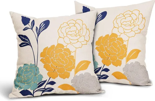 Fundas de Almohadas para Exteriores con Flores 16x16 Juego de 2, Fundas de Almohadas Decorativas Verde Azulado Gris Mostaza Amarillo Floral, Fundas