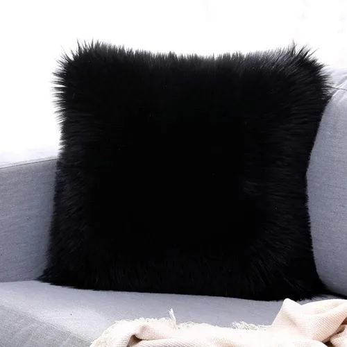 vctops Funda de almohada decorativa de doble cara de piel sintética de oveja, lujosa y súper suave, funda de cojín de peluche para sofá o cama Negro