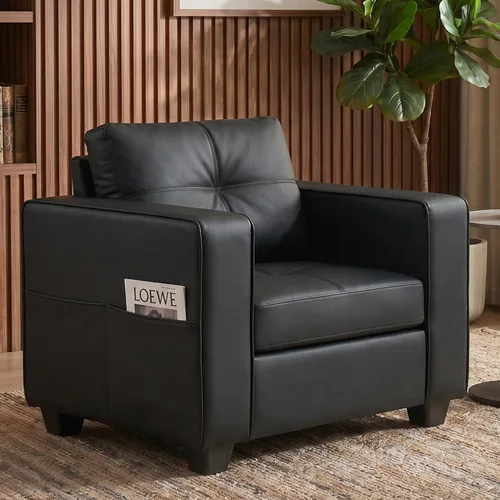 TYBOATLE - Silla Accent cómoda de cuero sintético negro para sala de estar, silla de lectura extragrande con botones decorativos, estilo moderno de