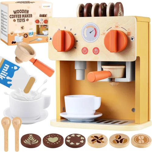 GAGAKU Máquina de café de madera de juguete para niños, juego de máquina de café de simulación con accesorios para cocina de juego, juguetes de