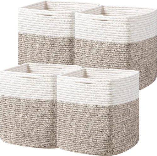 Miniatura 11 de joybest Juego de 4 cubos de almacenamiento de 11 pulgadas, canasta organizadora tejida de cuerda de algodón para estantes, cubos cuadrados, Beige
