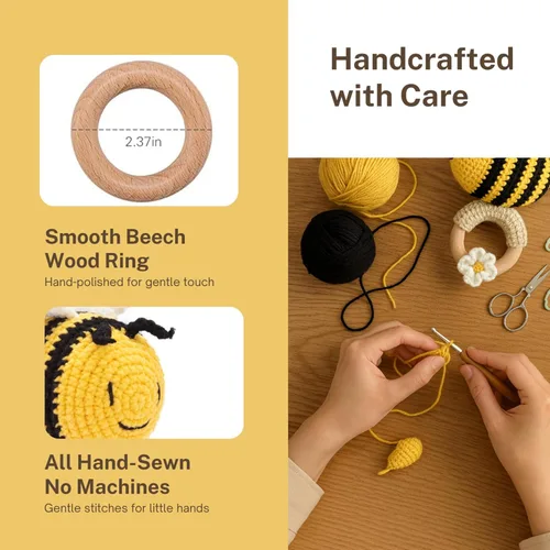Miniatura 7 de DICHA Crochet Bee Baby Rattle - Juguete sensorial para bebés, ideal para baby shower, incluye anillo de dentición de haya Abeja