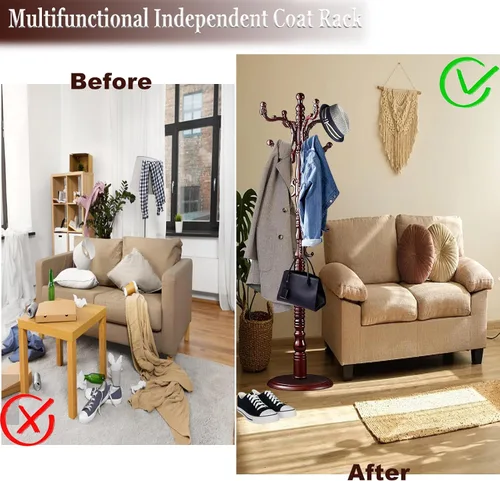 Miniatura 4 de Percheros de pie independientes, perchero de madera natural con 14 ganchos, percheros resistentes de altura ajustable para entrada, pasillo, Marrón