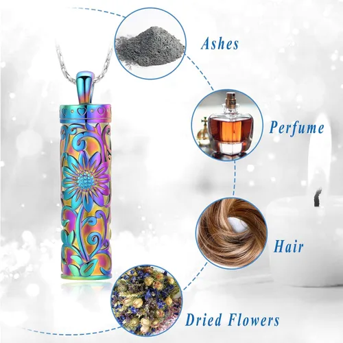 Miniatura 3 de Collar de urna de girasol para cenizas, collar de barra cilíndrica para cenizas para mujer, colgante de recuerdo para cenizas, joyería de cremación