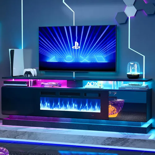 Miniatura 13 de Soporte de TV de alto brillo de 70 pulgadas con 2 armarios laterales, consola de TV moderna y elegante con luces LED de 3 capas, consola multimedia
