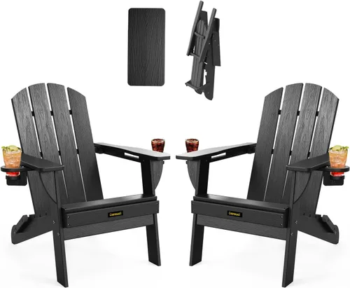 Miniatura 22 de Silla Adirondack Plegable, Sillas Adirondack de Plástico con Textura de Madera con 2 Portavasos, Silla para Hoguera de HDPE Resistente a