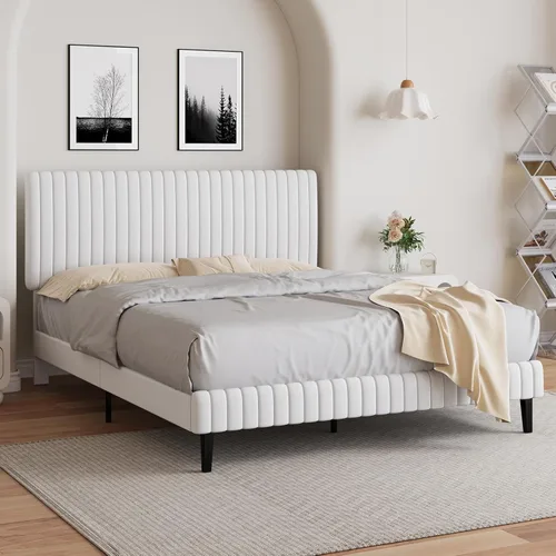 Miniatura 12 de BarnFurin Marco de Cama Individual/Cama de Plataforma Tapizada de Terciopelo con Cabecero y Pie de Cama Capitoné de Canal Vertical Ajustable/No Azul