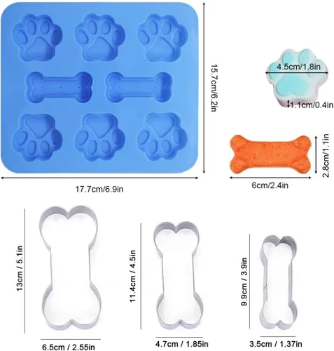 Miniatura 2 de Juego de 5, moldes de silicona en forma de pata y hueso de cachorro y perro 2 en 1 y cortador de galletas de hueso de acero inoxidable, para Azul