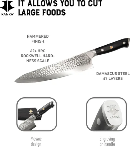 Miniatura 2 de KANKA Cuchillo de chef de acero Damasco de 8 pulgadas - 67 capas de acero profesional, núcleo de 10Cr, borde afilado 62 HRC, mango ergonómico