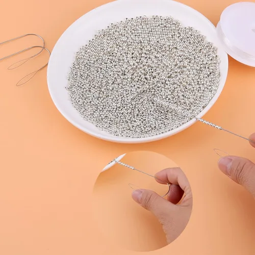 Miniatura 5 de Savita 8 agujas curvadas para abalorios, agujas de cuentas de 5.2 pulgadas, agujas de ojo grandes de acero inoxidable con mango de cuentas, aguja