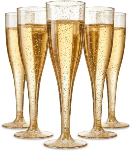 Paquete de 90 copas de champán de plástico desechables de 6.5 onzas con purpurina dorada, resistentes a los golpes, vasos de mimosa para bodas,