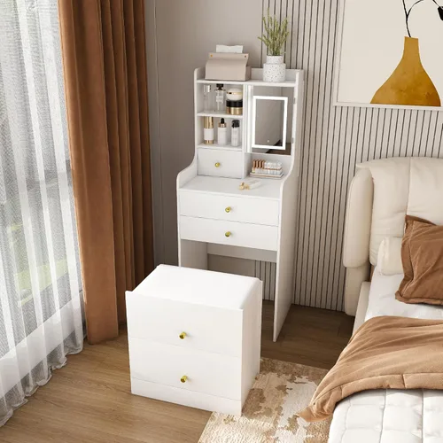 Runboll - Mesa de Tocador Compacta con Taburete de Almacenamiento y Espejo Iluminado Ajustable, Escritorio de Maquillaje Pequeño 3-en-1 con 4