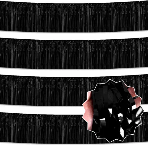 Paquete de 4 guirnaldas de flecos de papel de aluminio negro de 10 pies con serpentinas metálicas de oropel para colgar en la pared, guirnalda de