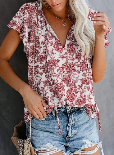 Miniatura 3 de SimpleFun Blusa de verano de manga corta con cuello en V floral para mujer