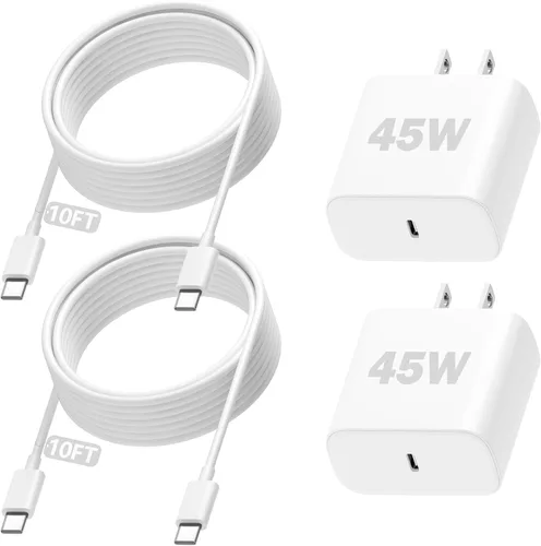 Cargador súper rápido de 45 W para Samsung, cargador de teléfono Android, cable USB C a C de 10 pies de largo con bloque de carga PD/PPS de 45 Blanco