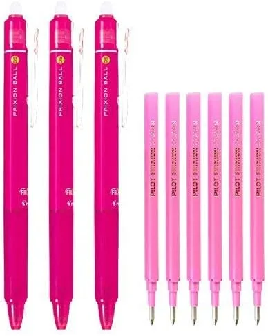 Pilot FriXion Ball Knock Bolígrafos retráctiles de bola de tinta de gel borrable, punta extra fina de 0.5 mm, tinta rosa, juego de 3 bolígrafos y 6