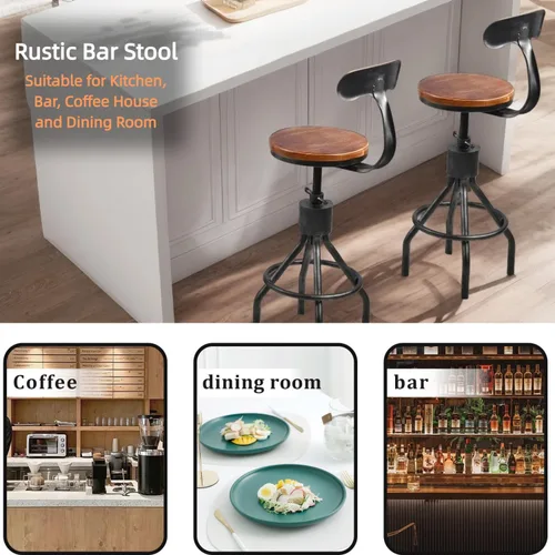 Miniatura 5 de Juego de 2 taburetes de bar vintage, silla giratoria industrial para cocina, comedor, altura de 23-33 pulgadas, con respaldo Plateado