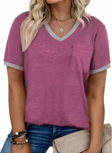 Miniatura 45 de Eytino Blusas de talla grande para mujer, cuello en V, manga corta, a rayas, casual, holgada, con bolsillo (1X-5X)