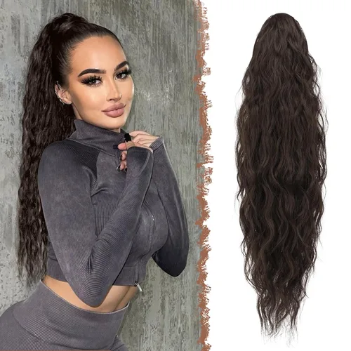 Miniatura 16 de FESHFEN Extensiones de cola de caballo – 26 pulgadas cordón largo rizado ondulado clip en colas de caballo pelo sintético extensiones de cola