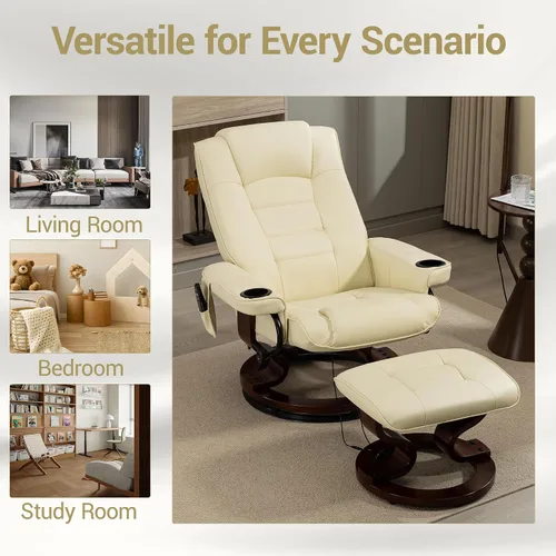 Miniatura 8 de Sillón reclinable de masaje de 8 puntos con otomana, silla reclinable de piel sintética climatizada con base de madera maciza, silla de TV