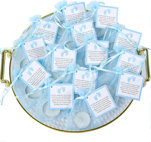 Juego de 50 velas de té para recuerdos de fiesta de baby shower, recuerdos de bautizo para invitados, recuerdos de revelación de género de bebé Azul