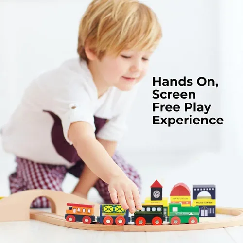 Miniatura 4 de On Track USA Juego de tren de madera de 35 piezas todo en uno con trenes magnéticos y accesorios ferroviarios, viene en un recipiente transparente