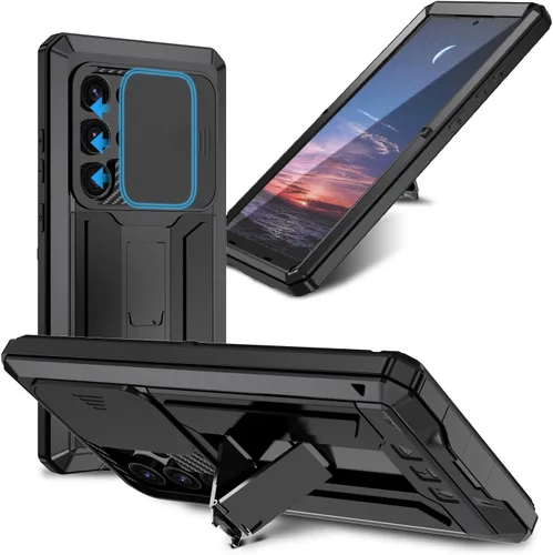Miniatura 8 de Funda de metal compatible con Samsung Galaxy S22, resistente al polvo, de grado militar, con cubierta deslizante para cámara y soporte plegable