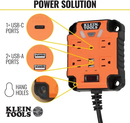 Miniatura 4 de Klein Tools 29601 Regleta magnética con protector de sobretensión, cable de extensión, 4 tomacorrientes, 3 puertos USB, cable de 5 pies, caja