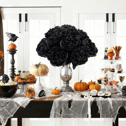 Miniatura 9 de U'Artlines 10 cabezas de peonías artificiales de seda, hojas y flores para decoración del hogar, oficina, bodas, fiestas, festivales y bares (negro)