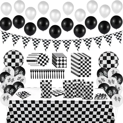 BeYumi Paquete de 127 suministros de decoración para fiestas de autos de carreras, incluye banderines, globos, mantel, vajilla, bolsas de regalo,